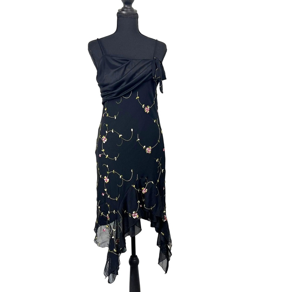 Vtg Taboo Floral Embroidered Asymmetric Hem Midi Dress S Fairy Y2K Whimsigoth